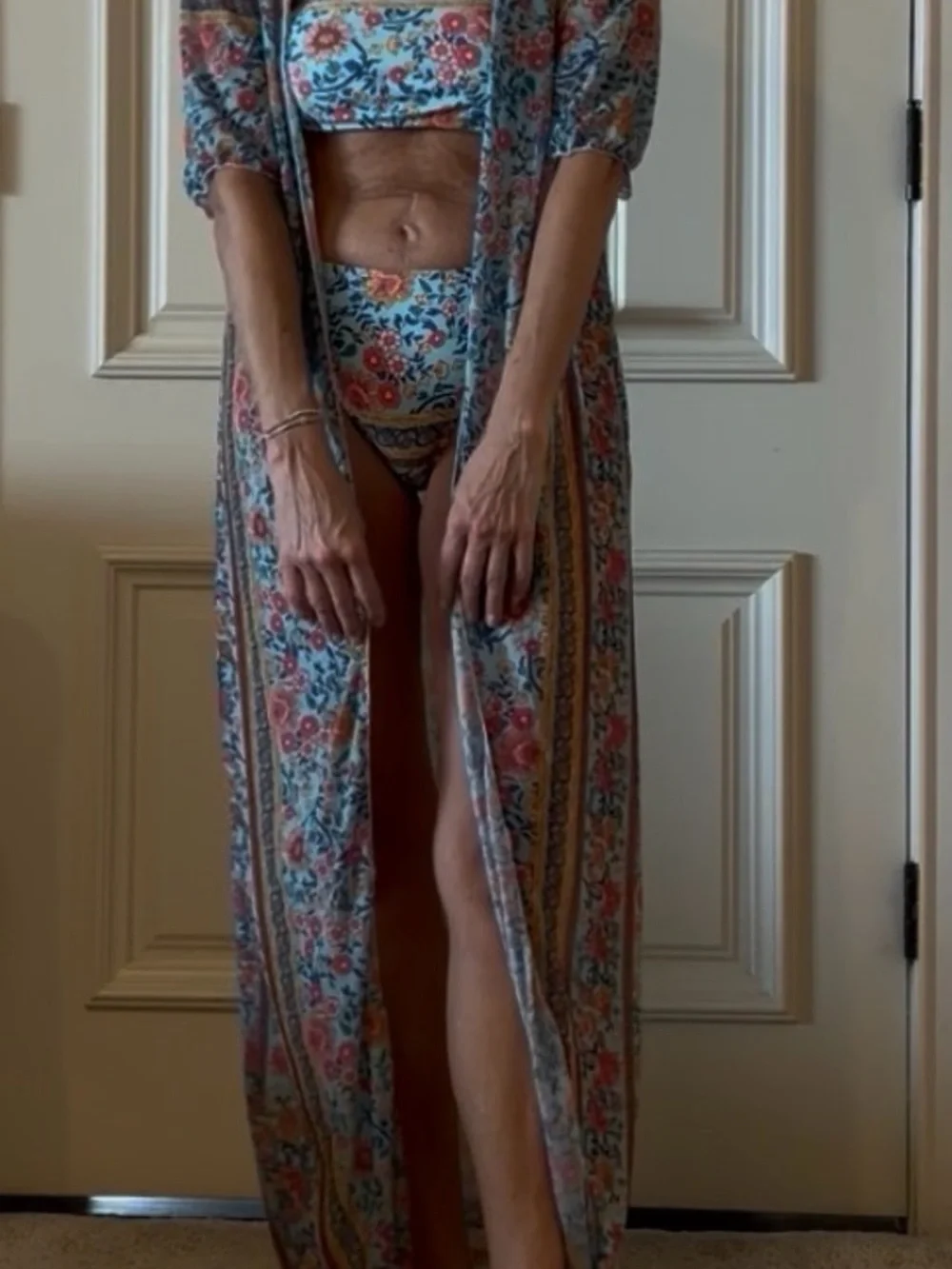 Floral Bandeau Bikini Set with Matching Sheer Robe - Blue Multi
